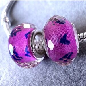 2PC Magenta Pink Heart Charm Beads fits PANDORA